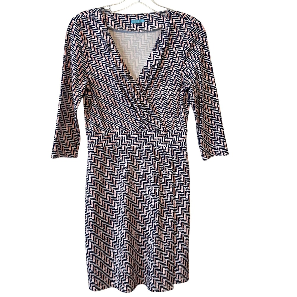 J. McLaughlin Women's Red White Blue Pattern Knit Faux Wrap‎ Dress in Size XS